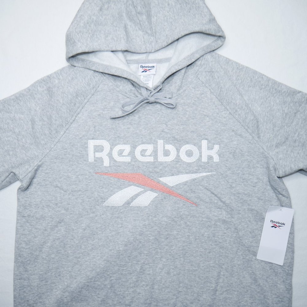 Reebok Vector Crossfit Fleece Hoodie Sweatshirt Womens Size L Gray Pink Metcon - Picture 2 of 7